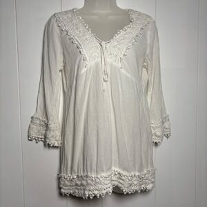 Roper White Boho Crochet Lace Trim Tunic Top Sz M Tie Neck Western Coastal